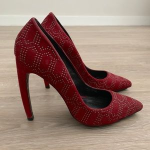 Schutz Red Suede Heels with Metallic Detail